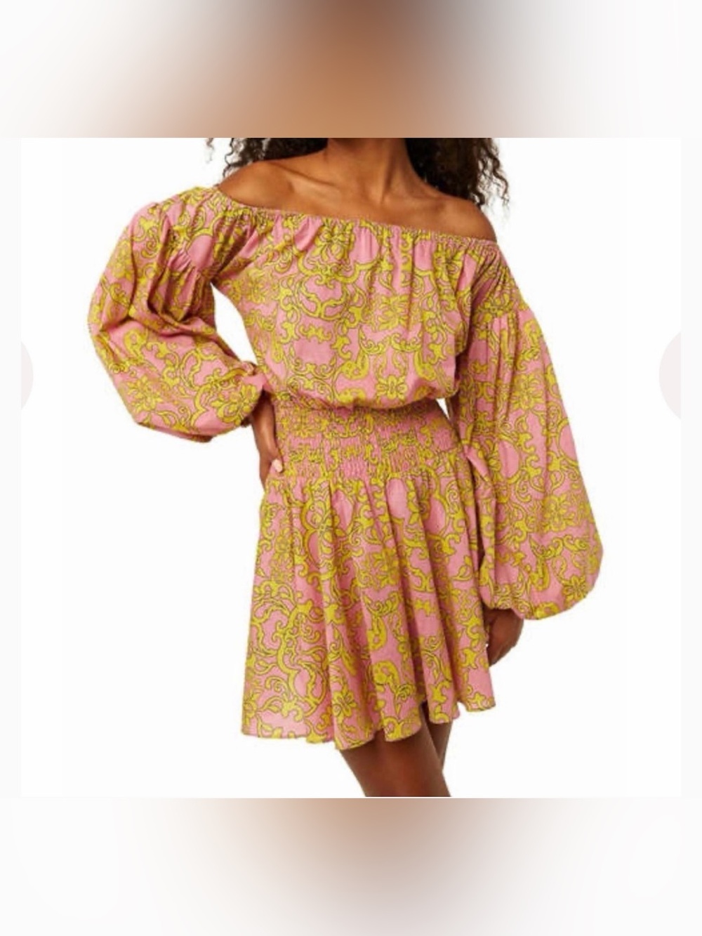 Misa Los Angeles Pink and Yellow Floral Off-Shoulder Smocked Mini Dress